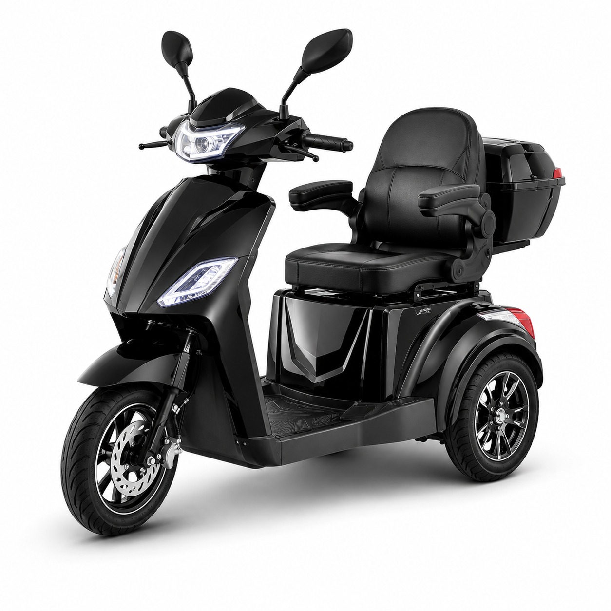 Tricycle électrique noir avec top-case — véhicule électrique 3 roues
